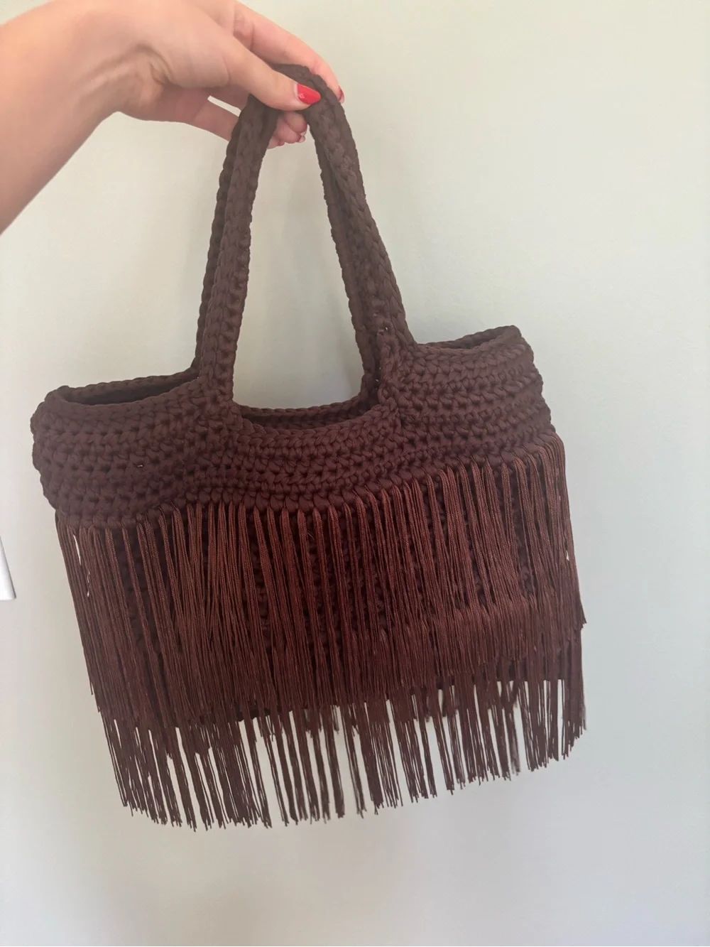 Boho Fringe Crochet Tote Bag - Brown